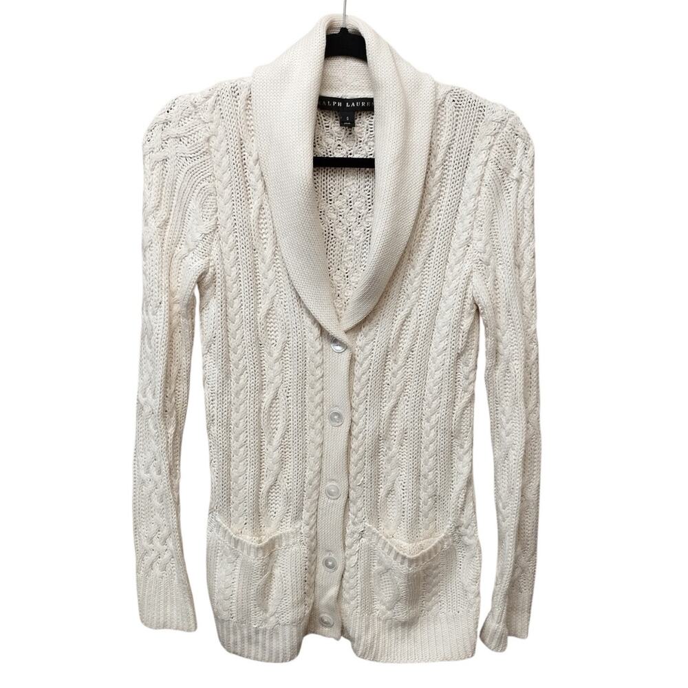 Ralph Lauren Womens Silk Shawl Collar Cable Knit Cardigan Small Preppy Old Money